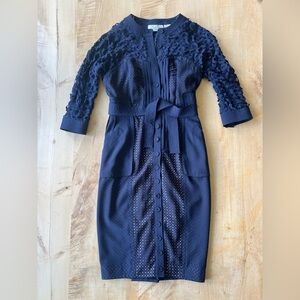 Byron Lars Sheath fitted Navy Blue Button-Front Dress with Belt
